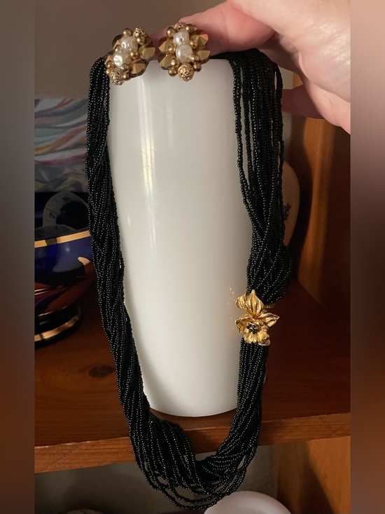 Jewelry - Vintage Seed Bead Multi-Strand Necklace with Gold Flower Accent & earrings